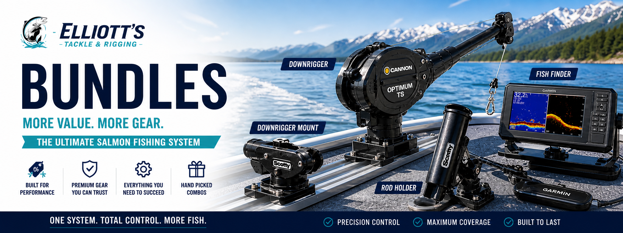 Captain-curated saltwater fishing bundles by Elliott's Tackle & Rigging — Cannon downriggers, Garmin sonar, Scotty hardware