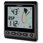 Garmin GNX Wind marine instrument with monochrome LCD display showing wind data fields and digital wind rose