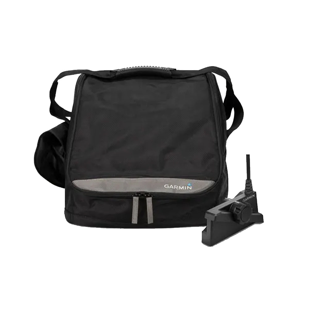 Garmin LiveScope Plus Ice Fishing Kit with lead acid battery, swivel mount, charger, and portable carrying case