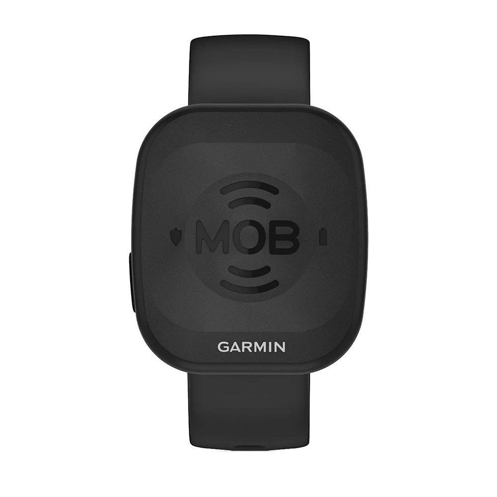 Garmin MOB Tag wireless man-overboard wearable with black quick release wristband, carabiner, and floating keychain