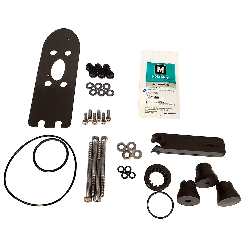 Garmin Force Trolling Motor Transducer Replacement Kit with compression seals, seal wrench, o-ring kit, and stainless steel screws