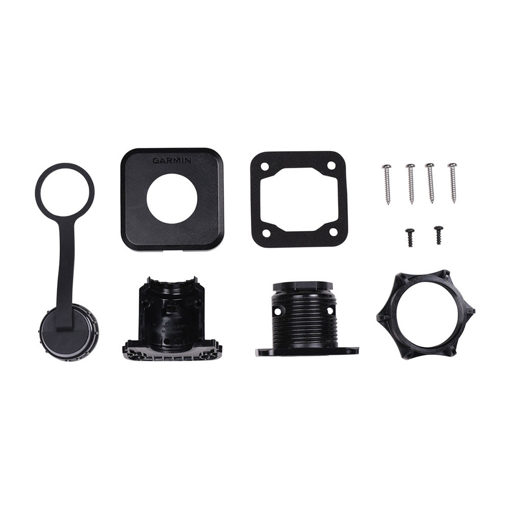 Garmin LiveScope Bulkhead Connector Kit with snap-on base, cover, weatherproof cap, and mounting hardware