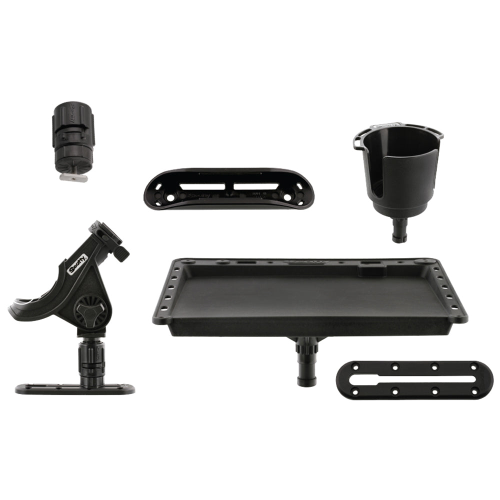 Scotty Kayak Fishing Starter Pack with rod holder, baitboard, drink holder, paddle clip, and track hardware