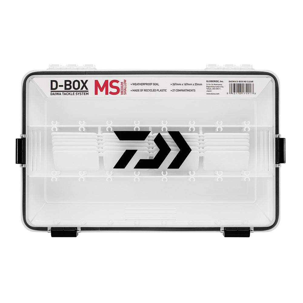 Daiwa D-Box 3600 Shallow tackle case with clear lid and four-latch waterproof seal