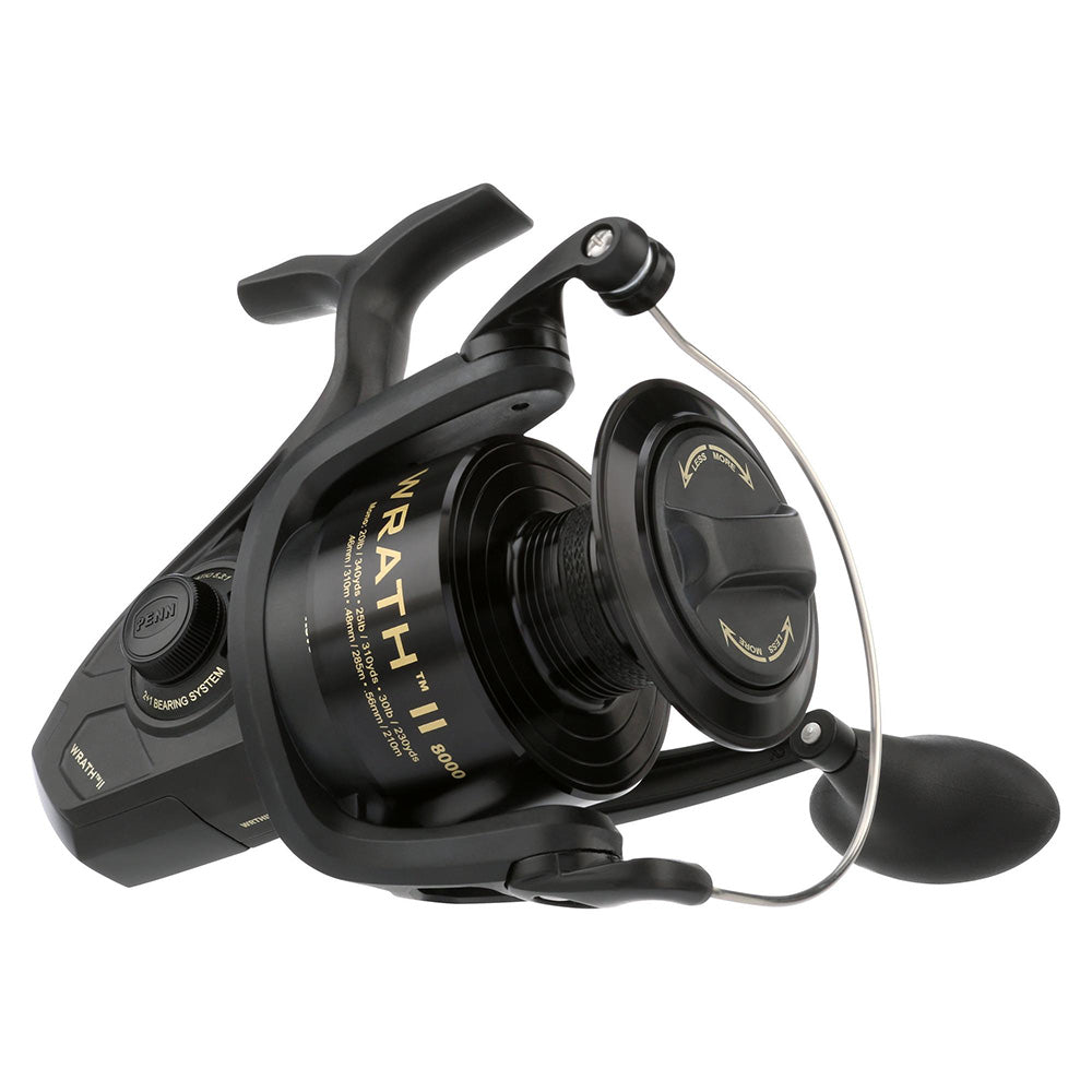 PENN Wrath II 8000 spinning reel in black and gold with machined aluminum spool