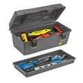 Plano 20-inch shallow toolbox with open bulk storage compartment and brass-bailed latch closure