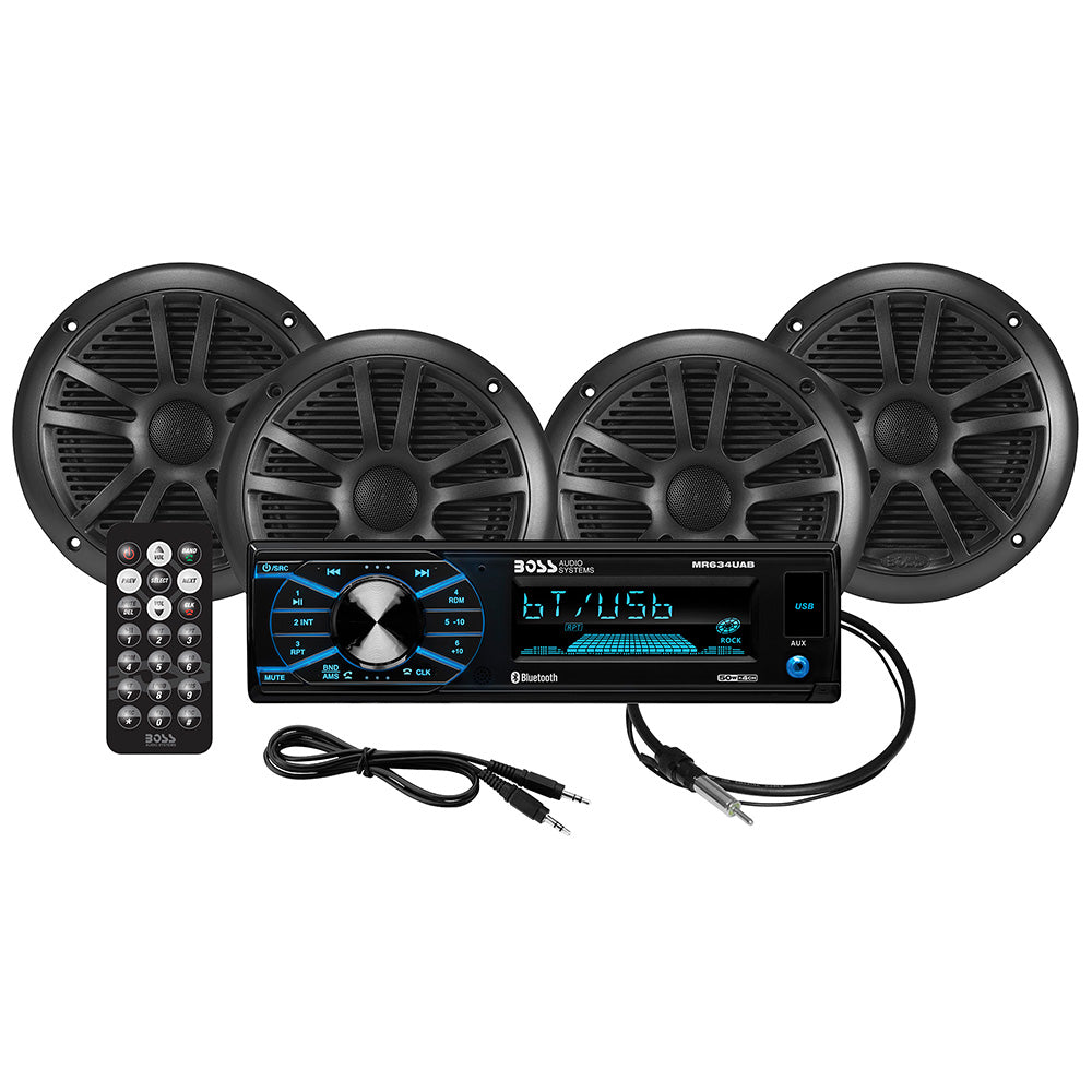 Boss Audio MCBK634B.64 marine stereo kit with MR634UAB receiver, four MR6B 6.5-inch speakers, MRANT10 black antenna, and wireless remote