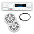 Boss Audio MCK500WB.6 marine stereo kit with MR500UAB receiver, MR6W speakers, MRANT10 antenna, and white wireless remote