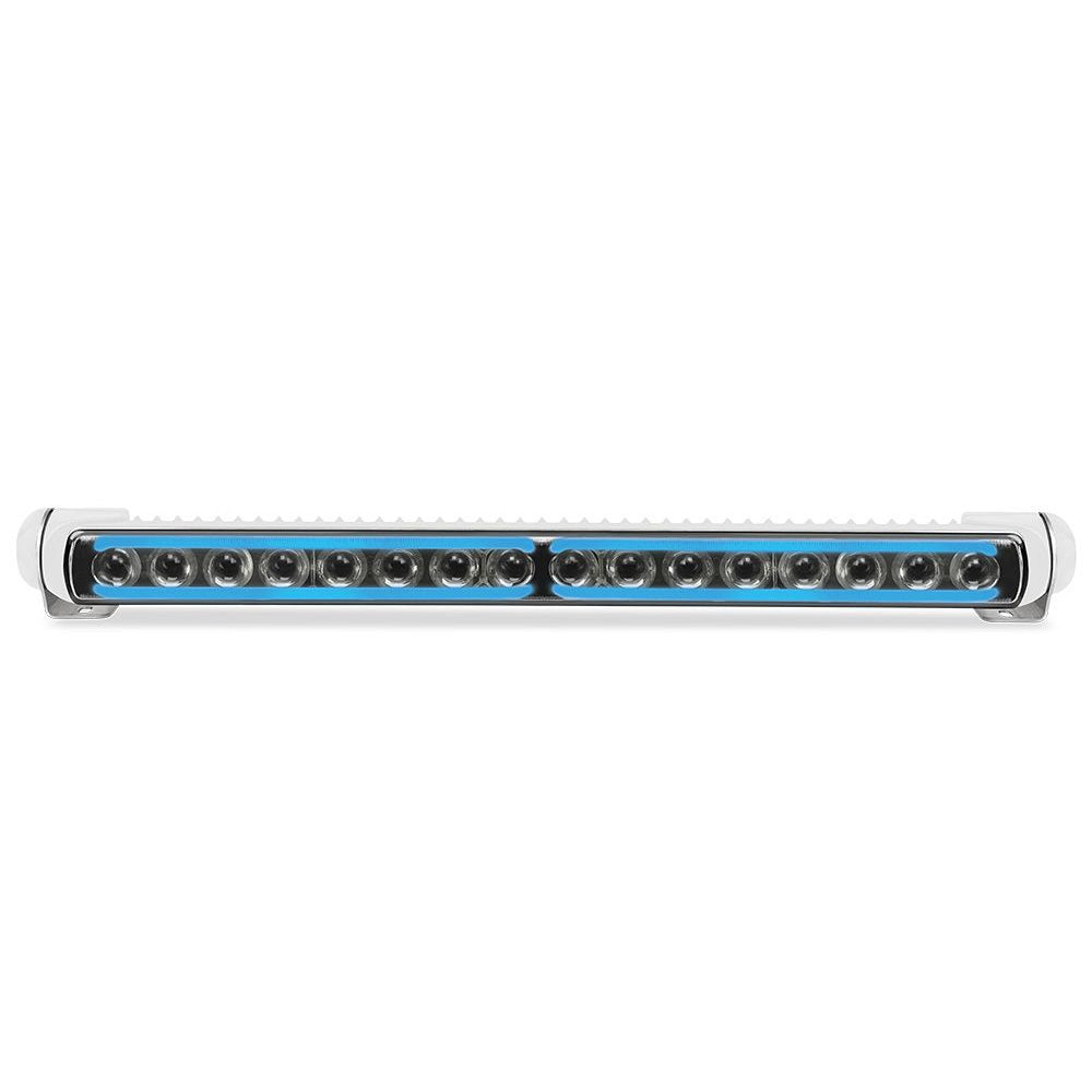 Hella Marine Sea Hawk-470 Pencil Beam Light Bar with blue edge light and white Grilamid housing on polished stainless steel bracket