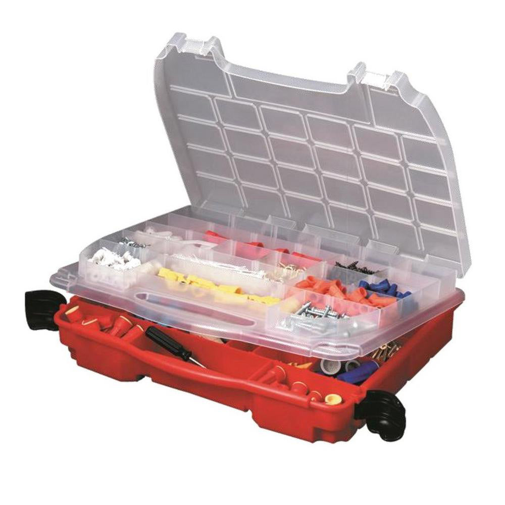Plano Double-Cover Lockjaw Organizer with clear lids, adjustable compartments, and molded carry handle