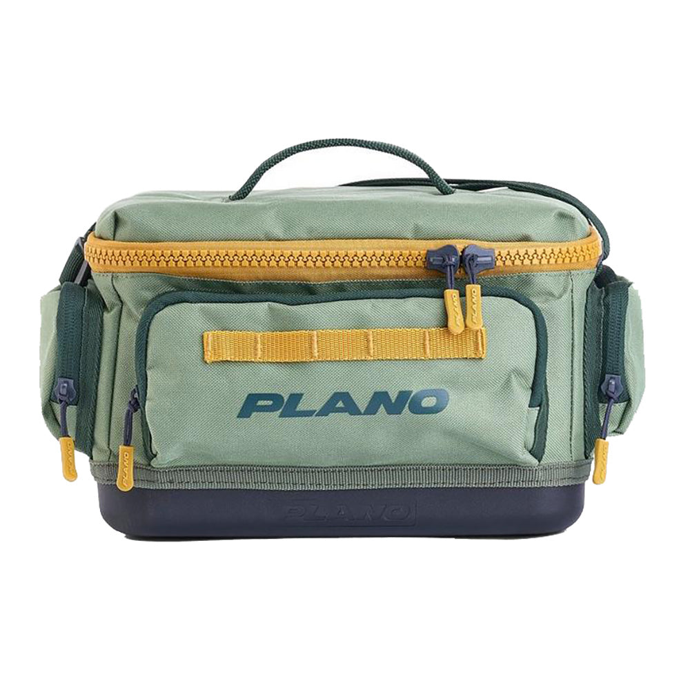 Plano Weekend Tackle Bag 3500 in Moss with waterproof base, tool sleeves, and daisy chain attachments