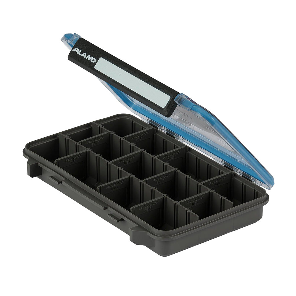 Plano Waterproof Stowaway 3600 tackle box with transparent lid and adjustable dividers