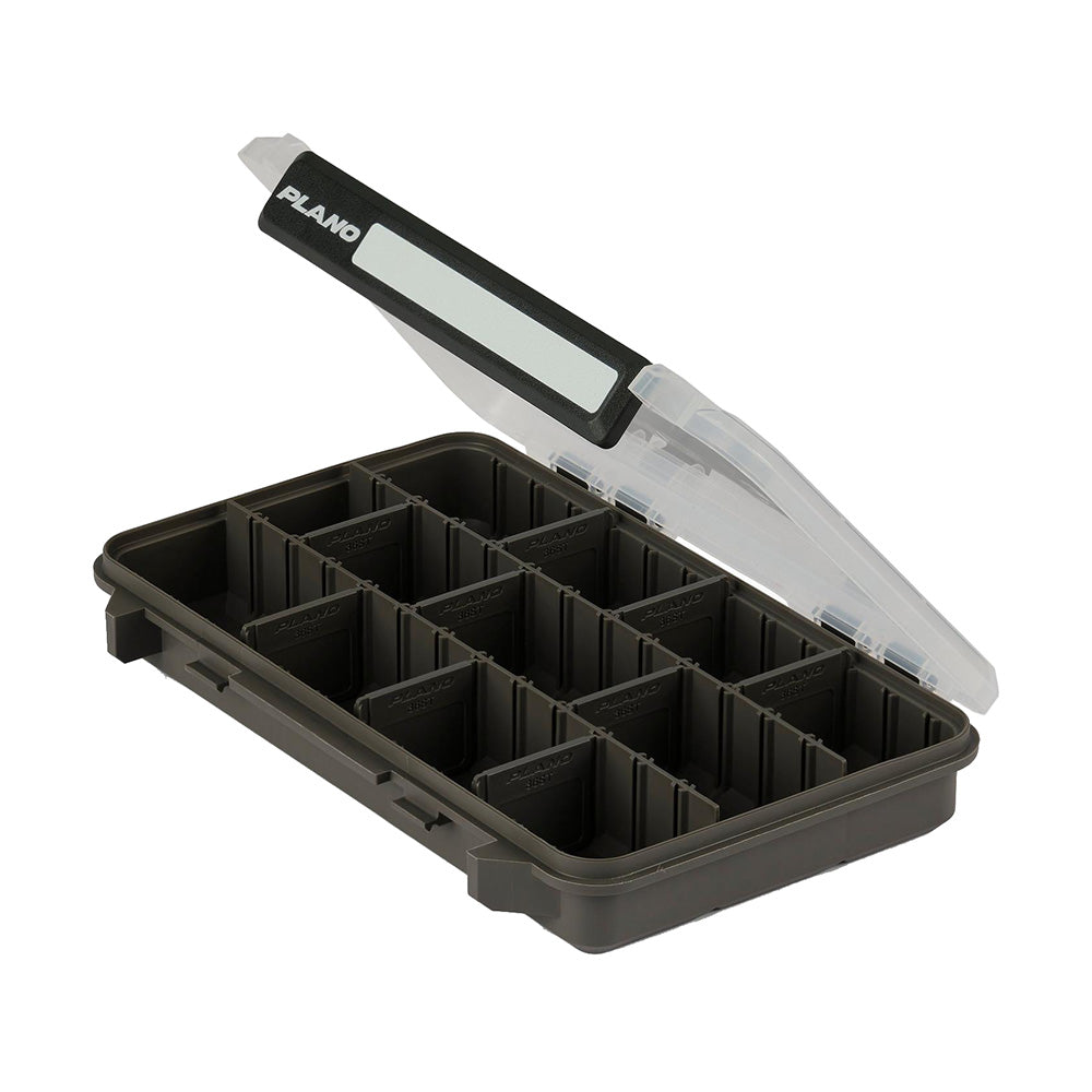 Plano Stowaway 3600 tackle storage tray with transparent lid and adjustable dividers