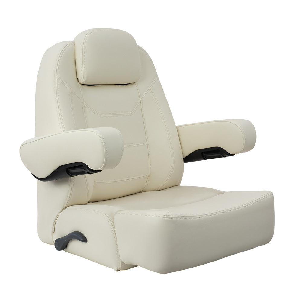Springfield Charter Helm Low-Back seat with bolster in off white marine vinyl with flip-up armrests and headrest