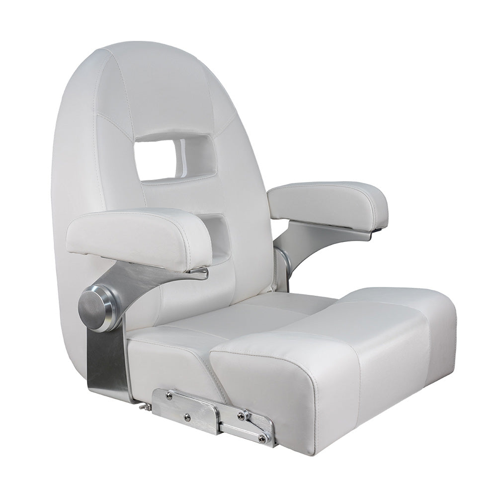 Springfield Center Console Helm Flip-Up bolster seat in white marine-grade vinyl with flip-up armrests