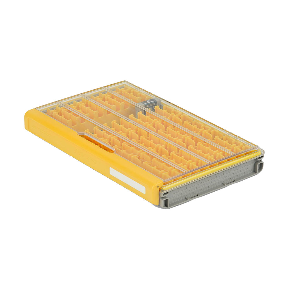 Plano EDGE 3700 Hard Minnow Box in clear and yellow, 14x9x1.88 inches, with Dri-Loc seal and Rustrictor rust protection