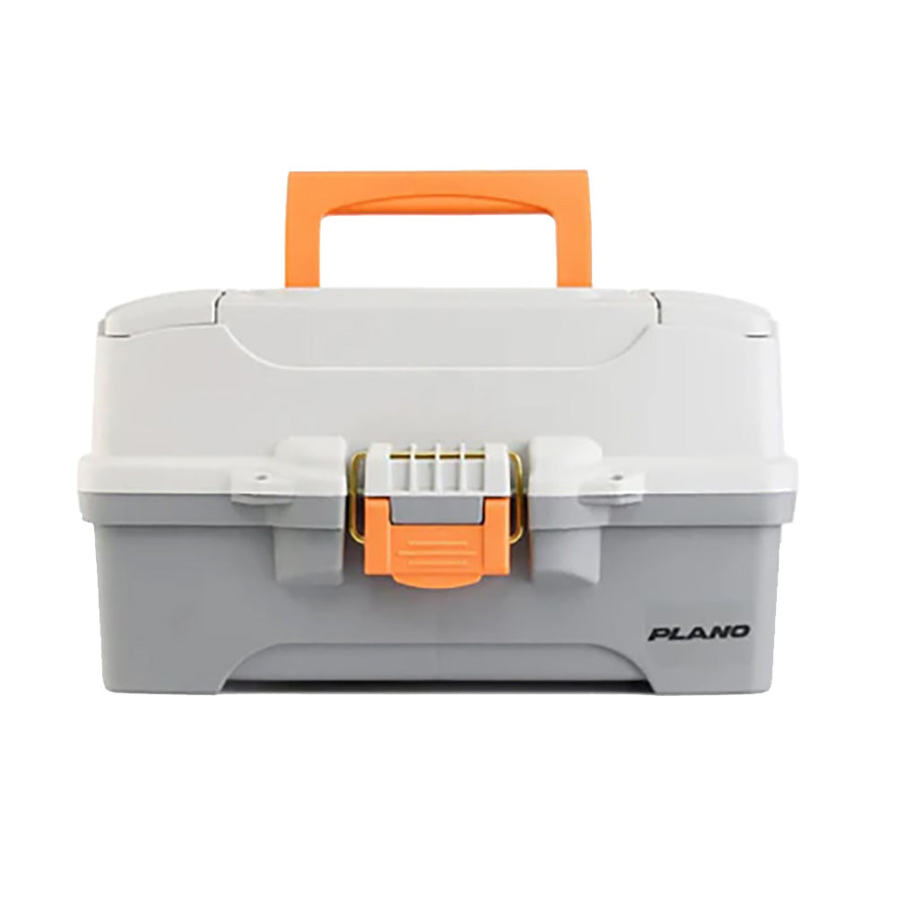 Plano Two-Tray Tackle Box in light grey and dark grey with brass-bailed latch and adjustable compartment trays