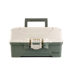 Plano two-tray tackle box in green and tan with brass-bailed latch and adjustable compartment trays