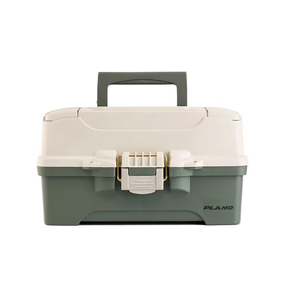 Plano two-tray tackle box in green and tan with brass-bailed latch and adjustable compartment trays
