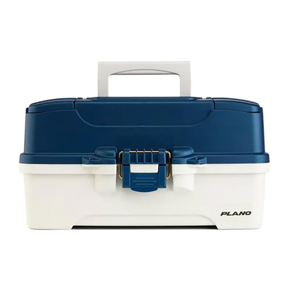 Plano Three-Tray Tackle Box in blue and white with brass-bailed latch and adjustable compartment trays
