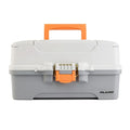 Plano Three-Tray Tackle Box in light grey and dark grey with brass-bailed latch and adjustable compartments