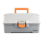 Plano Three-Tray Tackle Box in light grey and dark grey with brass-bailed latch and adjustable compartments
