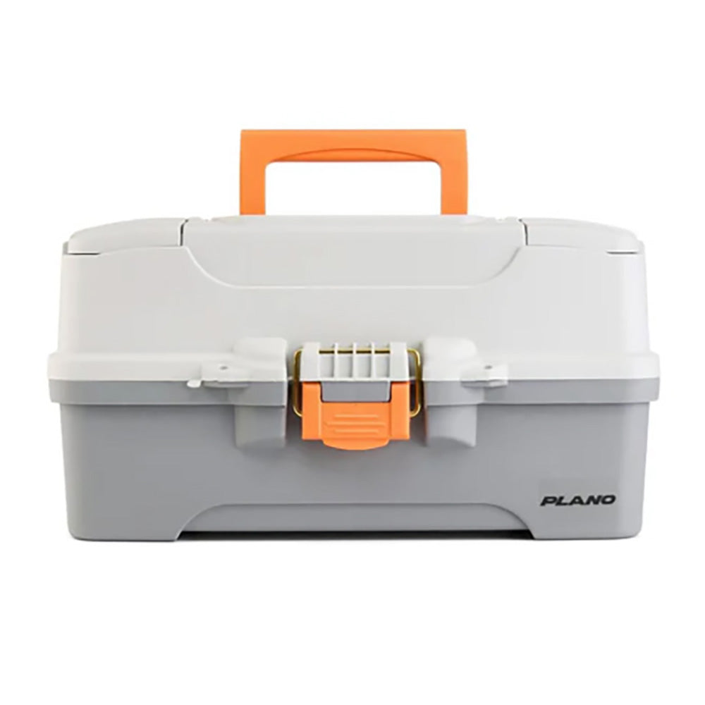 Plano Three-Tray Tackle Box in light grey and dark grey with brass-bailed latch and adjustable compartments