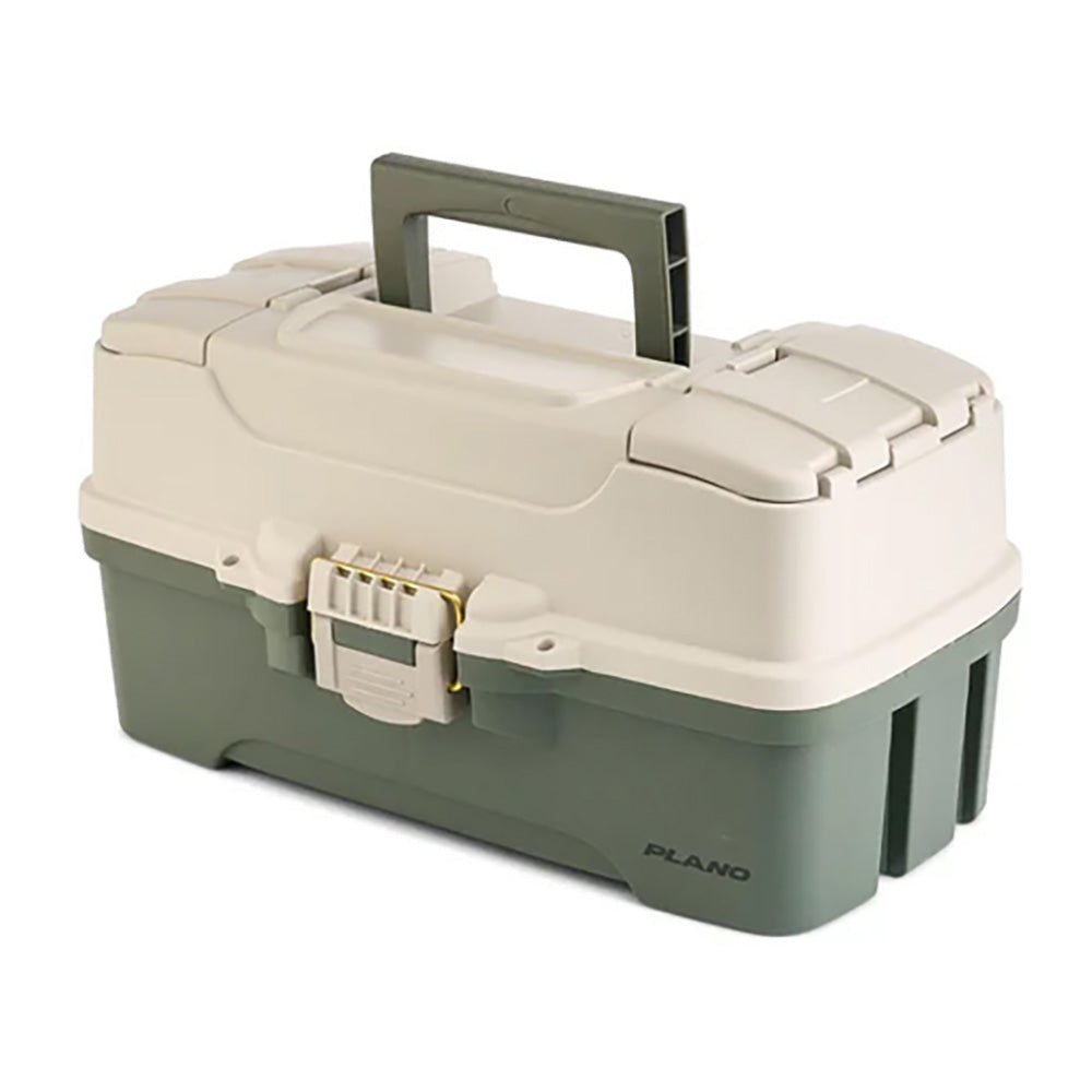 Plano three-tray tackle box in green and tan with brass-bailed latch and adjustable compartments