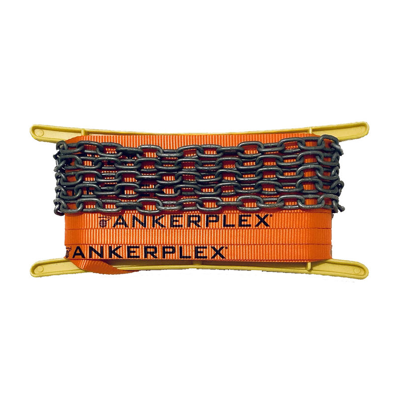 Ankerplex flat orange PES polyester anchor line with galvanized chain on storage reel for vessels up to 15 feet