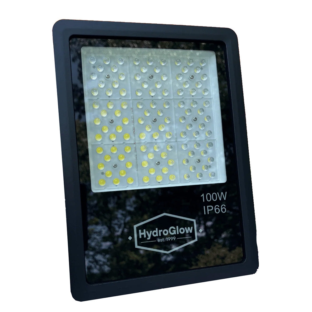 Hydro Glow FL100G 100W above-water LED floodlight in green and daylight white with stainless steel mounting bracket