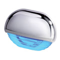 Hella Marine Blue LED Easy Fit Step Light with polished stainless steel cap mounted on a boat step