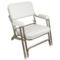 Springfield Classic Folding Deck Chair with stainless steel frame, marine-grade vinyl upholstery, and padded armrests with cup holder