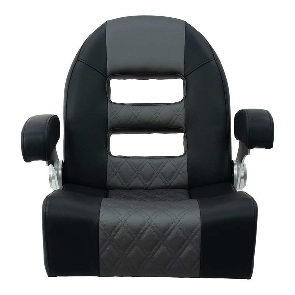 Springfield Console Helm Flip-Up seat in black and grey with flip-up armrests and bolster