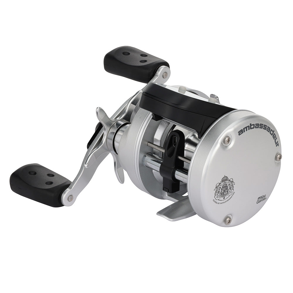 Abu Garcia Ambassadeur 5500LC round baitcasting reel with lighted digital line counter, right-hand retrieve