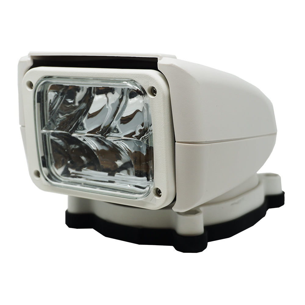 ACR RCL-85 compact LED searchlight with wireless handheld remote, white ASA housing, mounted on marine vessel