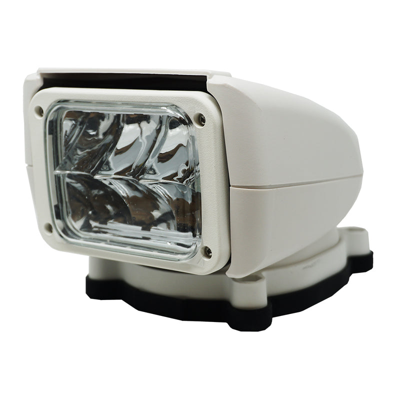 ACR RCL-85 compact LED searchlight with wireless handheld remote, white ASA housing, mounted on marine vessel