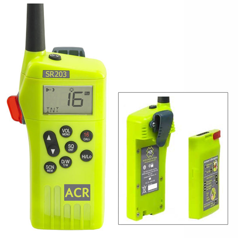 ACR SR203 VHF Handheld Survival Radio with backlit display and lithium battery