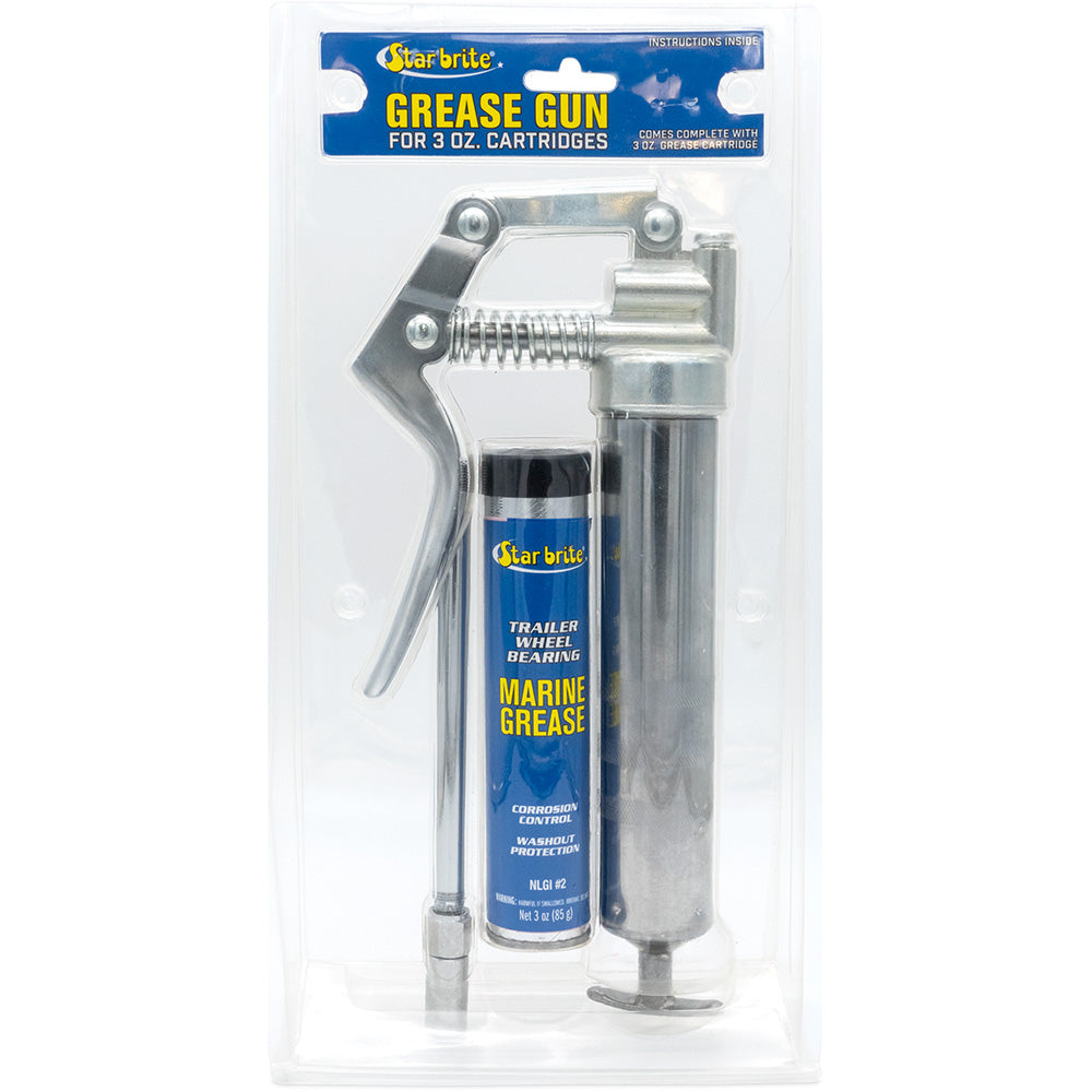 Star brite pistol grease gun with 3 oz NLGI #2 marine-grade grease cartridge for trailer bearings, winches, and marine fittings
