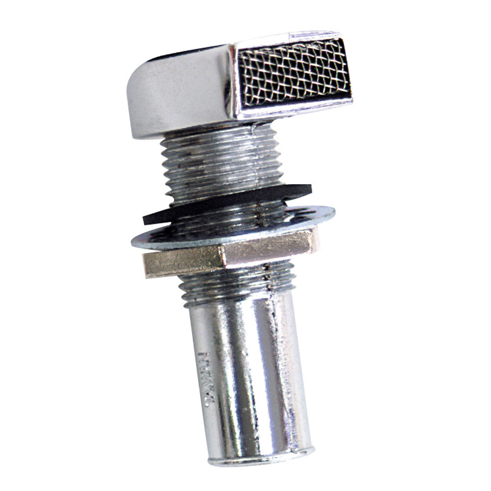 Whitecap rectangular chrome-plated Zamac fuel vent, straight, 9/16-inch hose barb, 3/4-inch hole