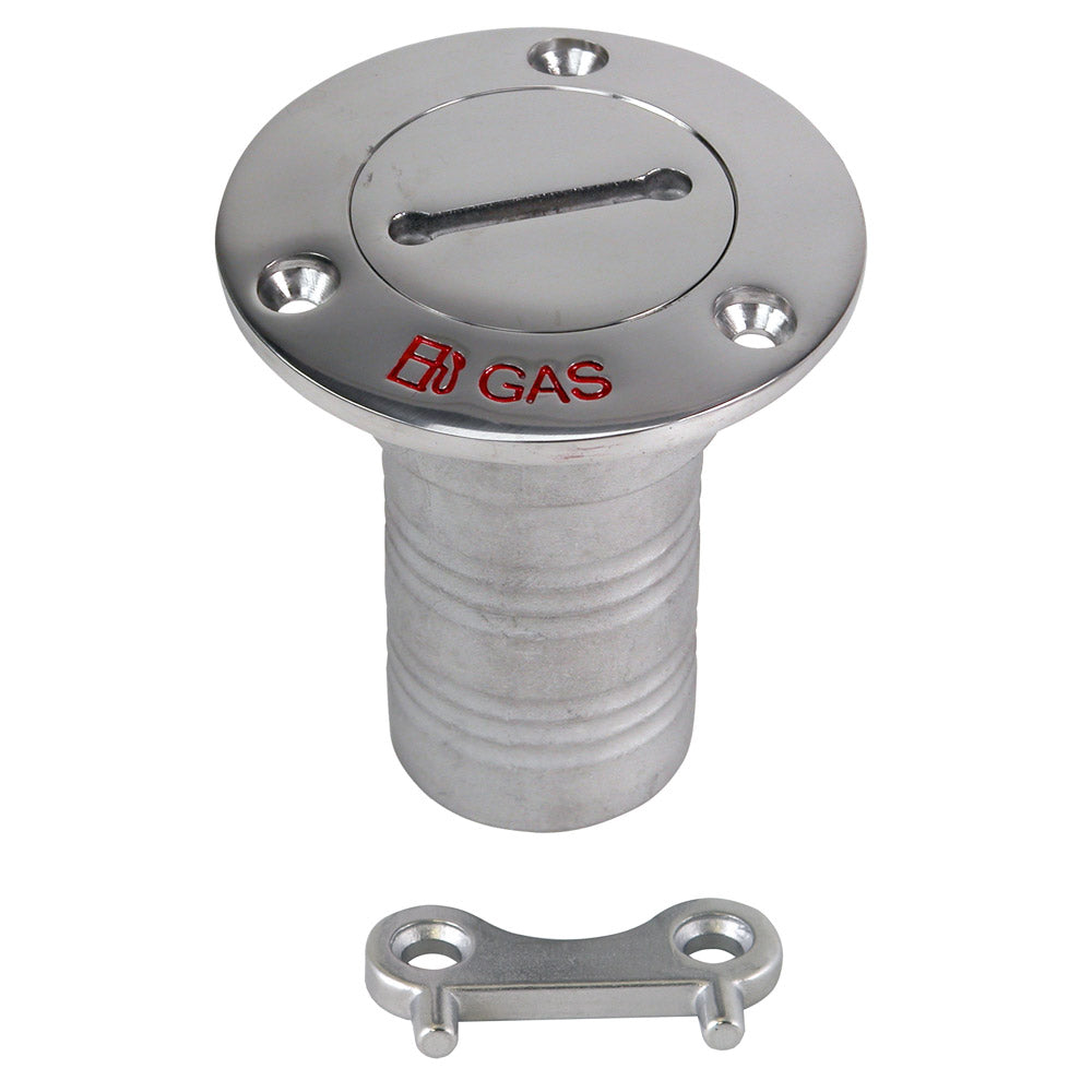 Whitecap 316 stainless steel gas deck fill with 1-1/2 inch hose fitting, 3 inch flange, 90-degree angle, and security key