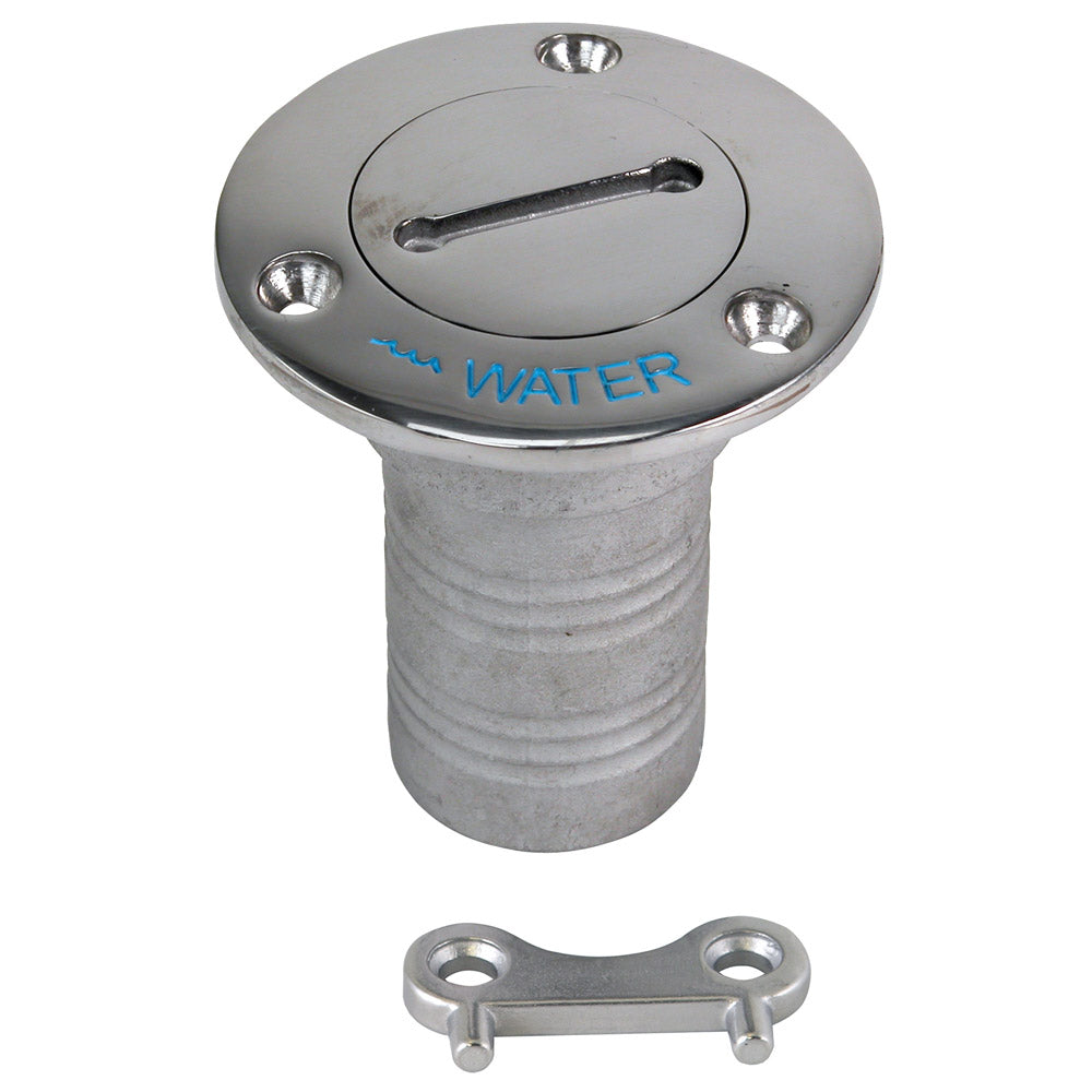 Whitecap 316 stainless steel deck fill fitting 1-1/2 inch hose water 90-degree with keyed cap and chain