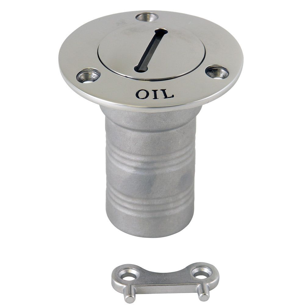 Whitecap 316 stainless steel oil deck fill fitting with 1-1/2 inch hose and 90-degree angle