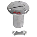 Whitecap 2-inch gas deck fill fitting in 316 stainless steel with 90-degree hose angle and retaining chain