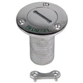 Whitecap 2-inch 90-degree diesel deck fill in 316 stainless steel with captive chain and 3-1/2-inch flange