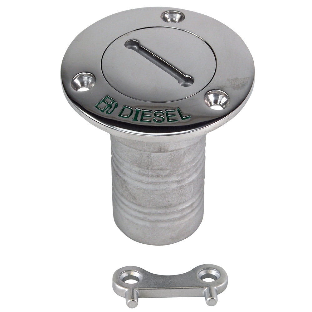 Whitecap 2-inch 90-degree diesel deck fill in 316 stainless steel with captive chain and 3-1/2-inch flange