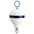 Polyform 13.5 inch CM Series mooring buoy with galvanized steel iron in white with blue stripe