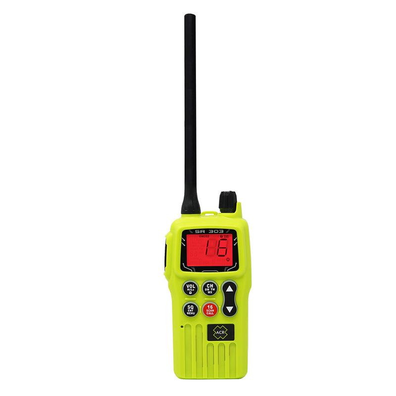 ACR SR303 GMDSS multi-channel VHF survival radio with backlit display and rubber antenna