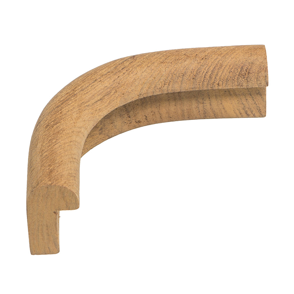 Whitecap teak outside corner edge molding with 2-inch inside radius and 2-1/2-inch outside radius
