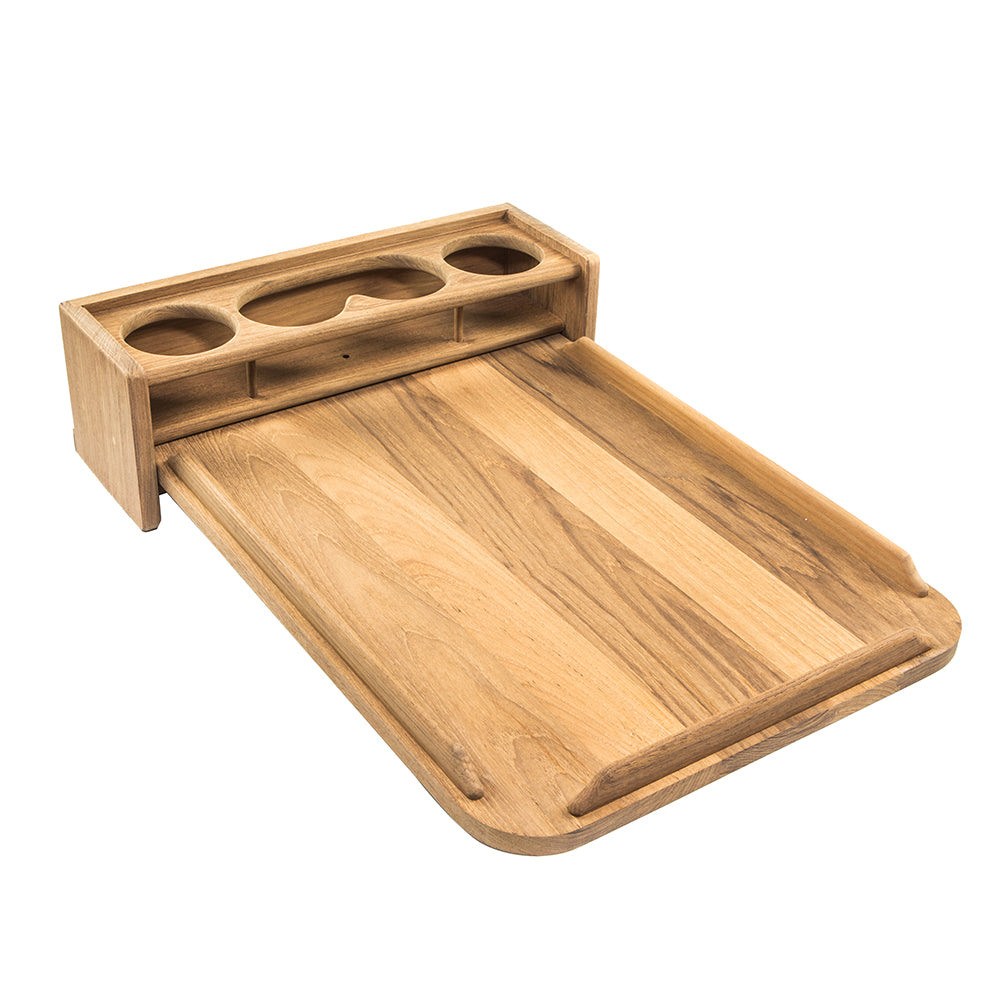 Whitecap teak drink holder with removable 16x24 inch cockpit tabletop that holds 4 glasses, fits 7/8 or 1 inch pedestal tubing