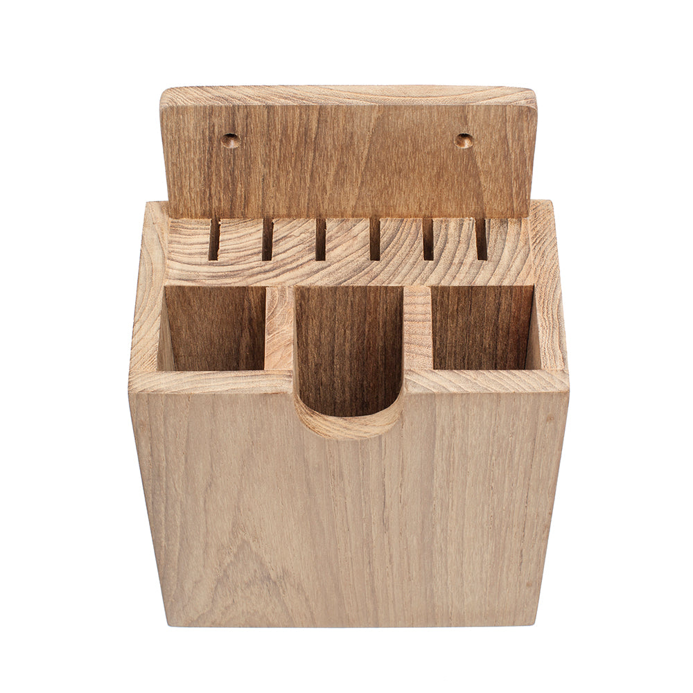 Whitecap teak cutlery rack with three silverware sections and six knife slots, 8-5/16 inch tall